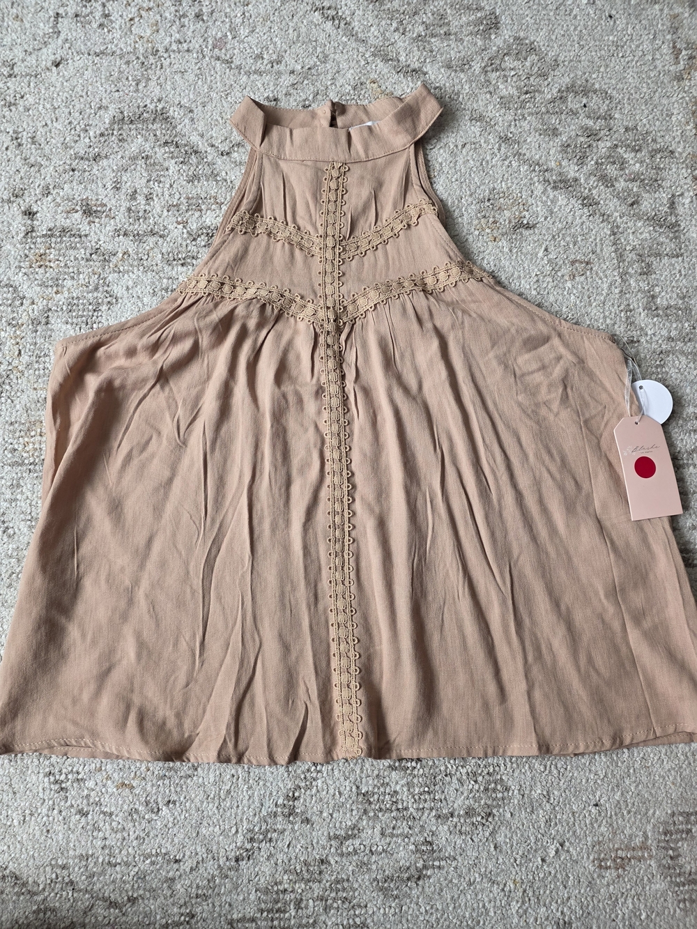 Sleeveless Halter Camisole in Blush Tan with Eyelet Trim